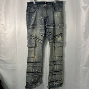 Fashion Nova Novamen Men's Blue Denim Jeans Distressed Deconstructed 36